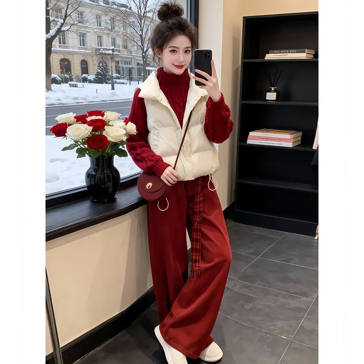 SHALLDOER【花辰夕月】新年战袍时尚套装女冬季棉服针织上衣阔腿裤