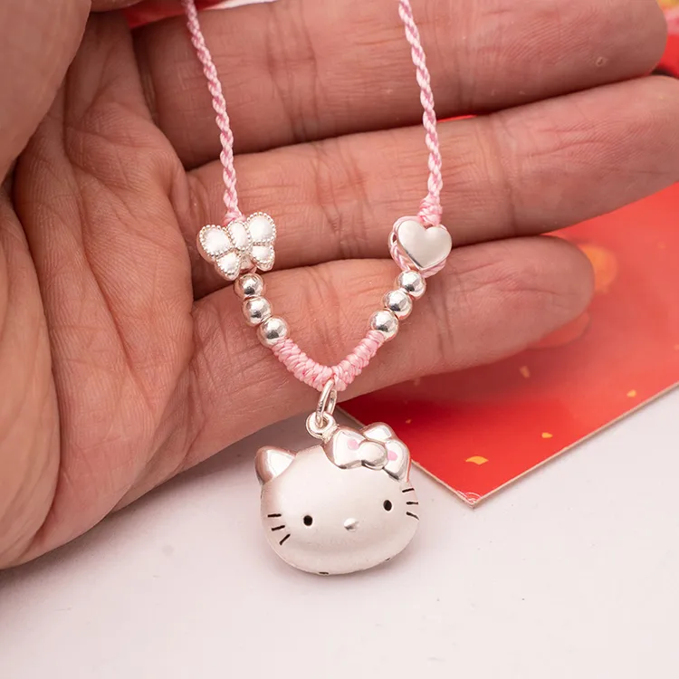吊坠足银 儿童时尚可爱编织纯手工女坠链素款999纯银项链凯蒂猫KT