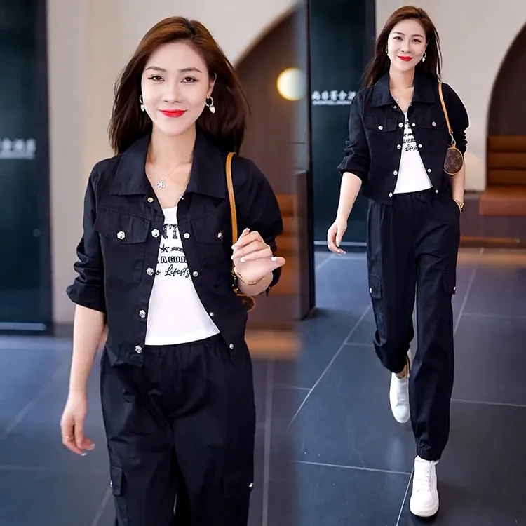 纯棉小个子套装女2025年秋季新款时尚洋气短款夹克外套休闲两件套