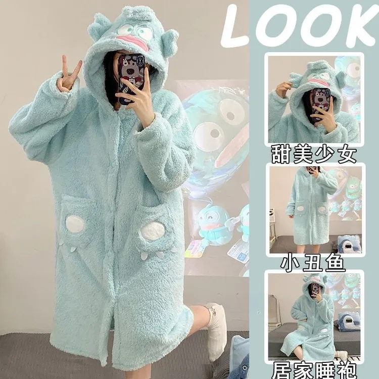 特价！！小丑鱼睡衣女秋冬季加厚珊瑚绒睡袍可爱少女法兰绒家居服