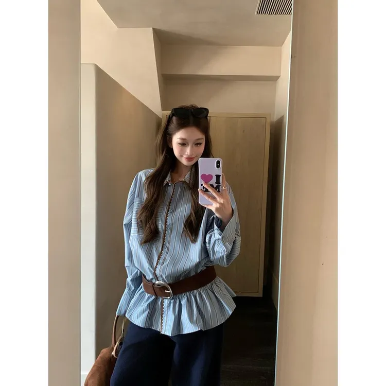 法式复古撞色条纹长袖衬衫女早秋新款设计感宽松衬衣时尚独特上衣