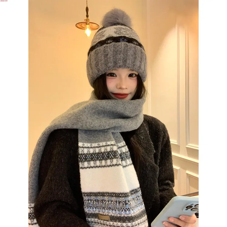 费尔岛风针织毛线帽女秋冬学生加厚保暖防寒围巾帽子套装护颈围脖