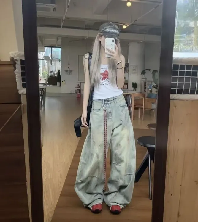 【破价+运费险+送挂绳】脏染做旧牛仔裤女设计宽松弯刀阔腿高腰拖地
