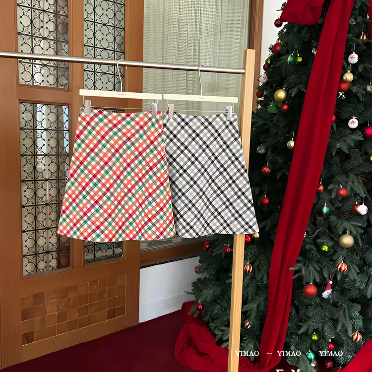 【赵小小yimao】C-99155 甜酷风时髦20%羊毛毛呢格纹高腰A字半身裙