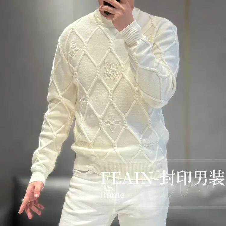 【雷迪凯奇】高端男士立体菱形格纹提花手工串珠羊毛衫708