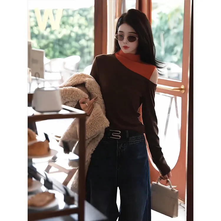 韩系假两件镂空长袖T恤女2025新款秋冬季高级感时尚洋气露肩上衣