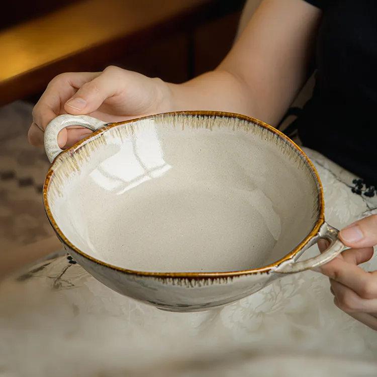 小悠家 实用好端拿复古不规则双耳碗陶瓷沙拉碗防烫泡面碗汤碗