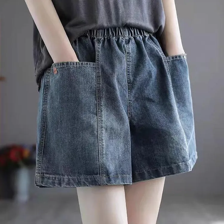 松紧腰复古牛仔短裤女夏薄款2025新款大码休闲裤子阔腿宽松五分裤