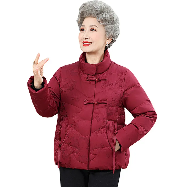 冬季妈妈羽绒服女短款新国风盘扣冬装中老年人外套奶奶装90鸭绒服