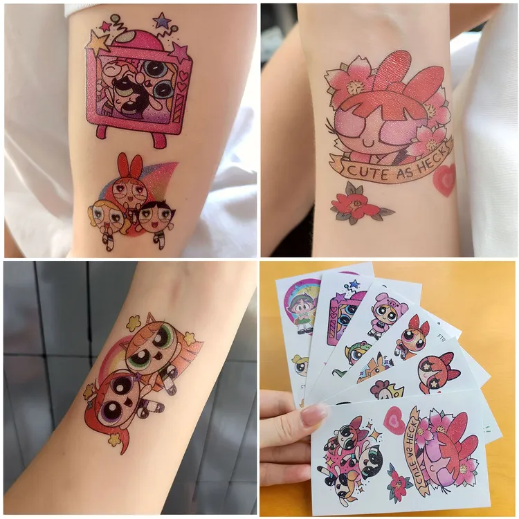 飞天小女警彩色闪粉纹身贴手臂卡通可爱儿童贴纸ins风大幂幂款