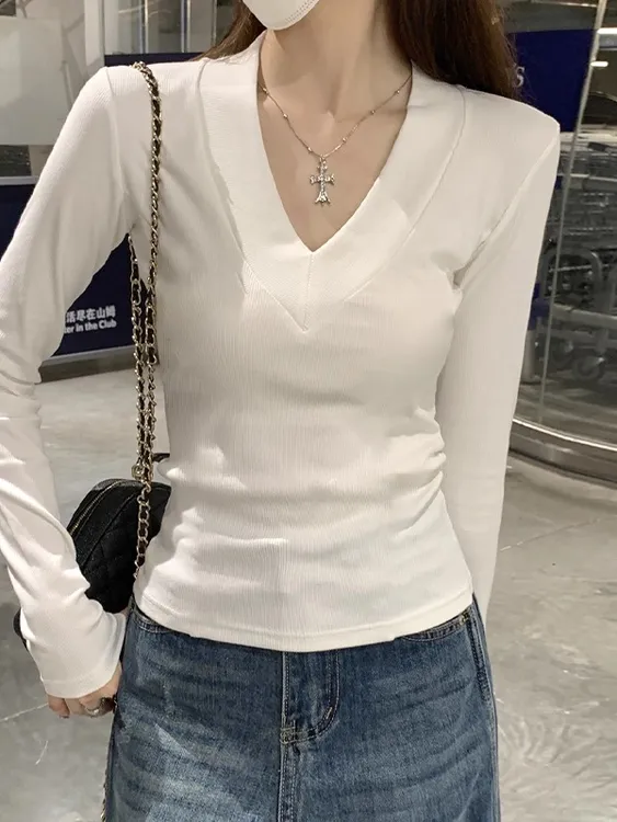 韩版辣妹V领收腰设计长袖打底衫女秋季纯欲修身锁骨新款t恤上衣潮