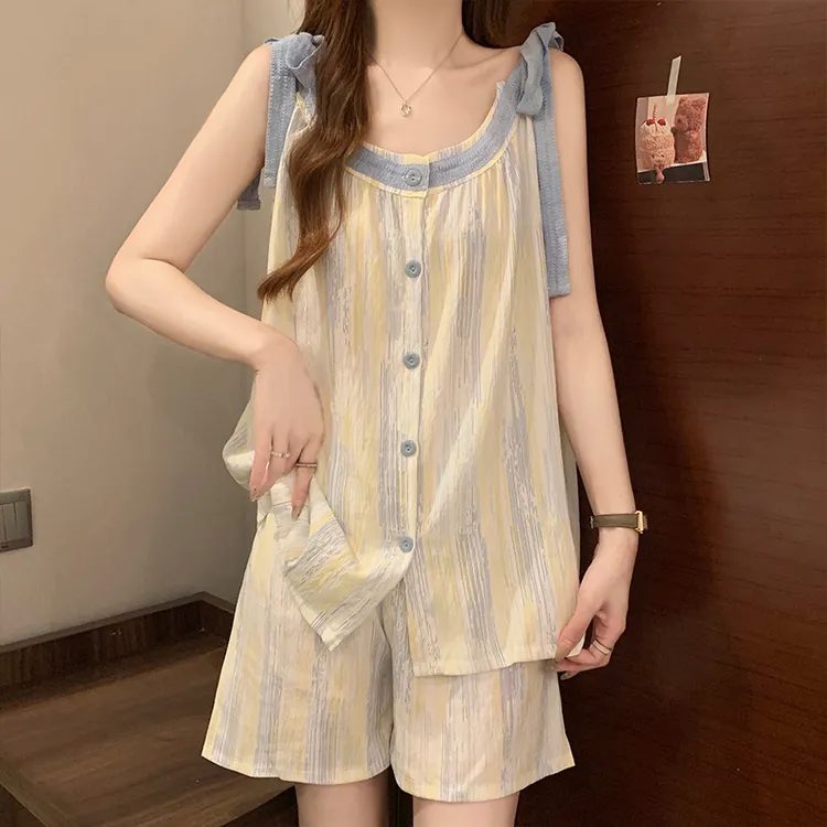简约条纹云朵棉背心短裤睡衣女套装夏季2025新款甜美可外穿家居服