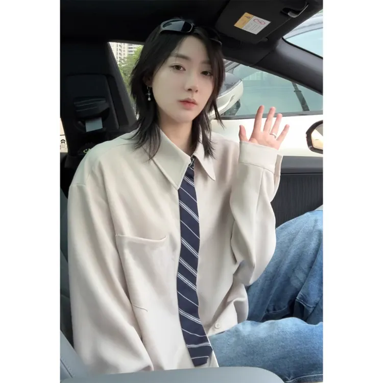 假领带拼接长袖衬衫男秋季美式高级痞帅内搭衬衣宽松叠穿外套衬衫