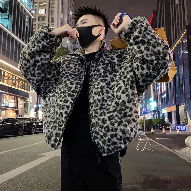 设计感小众豹纹爆款立领棉服男士外套冬季新款加厚保暖棉衣男外套