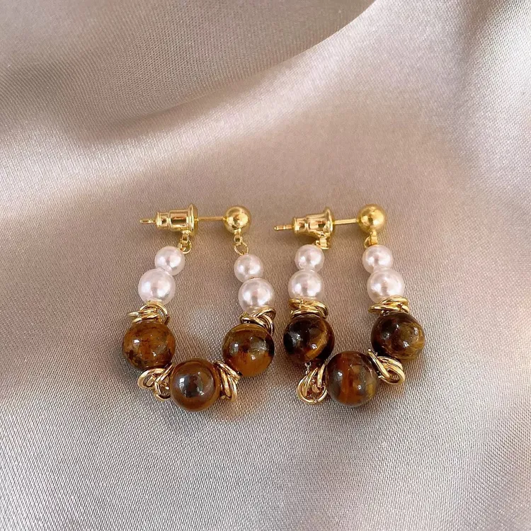 铜合金仿珍珠耳饰 美拉德拼接链条耳饰女复古轻奢时尚百搭耳环