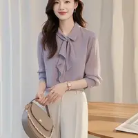 初秋新款韩风冷淡系独特别致紫色衬衫裤子两件休闲职业女套装