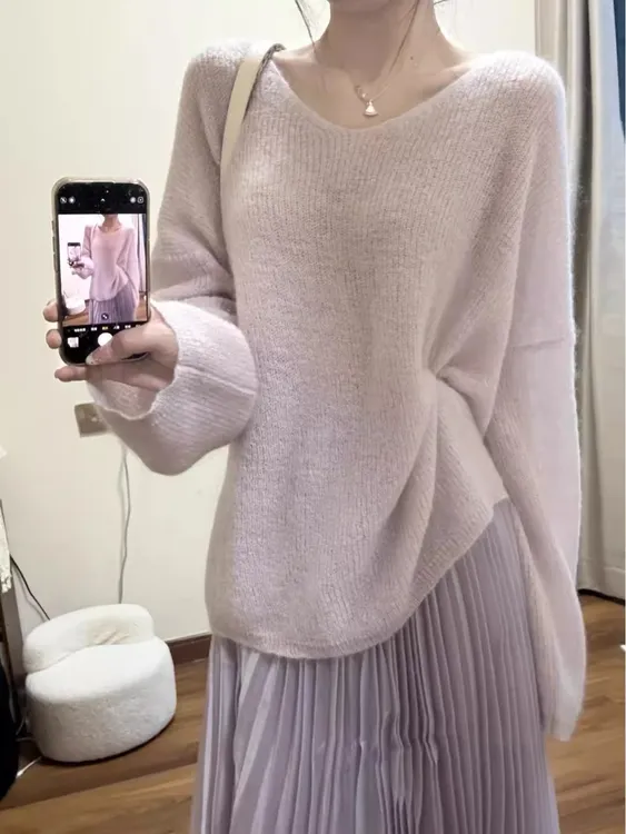超软糯！紫色薄款V领毛衣女2025春季新款韩版宽松针织慵懒上衣