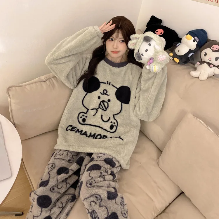 英国CospKosp新款棒棒糖小狗珊瑚绒睡衣女加绒加厚保暖睡衣家居服