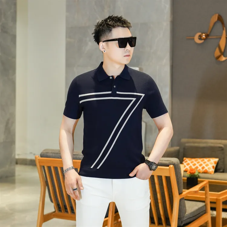 2025秋季新品撞色几何翻领针织POLO衫短袖打底衫毛衣男GL89699