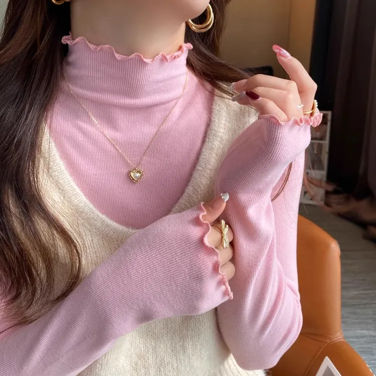 粉色磨毛加绒半高领打底衫女内搭2025秋冬季新款高级感木耳边上衣