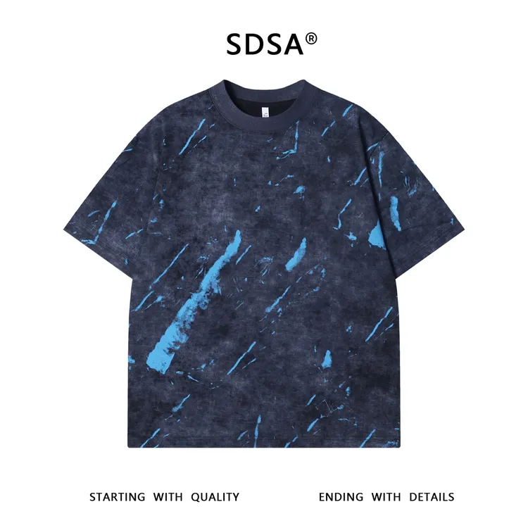 夏季高级感新款美式潮牌扎染撞色喷绘圆领短袖T恤百搭时尚上衣