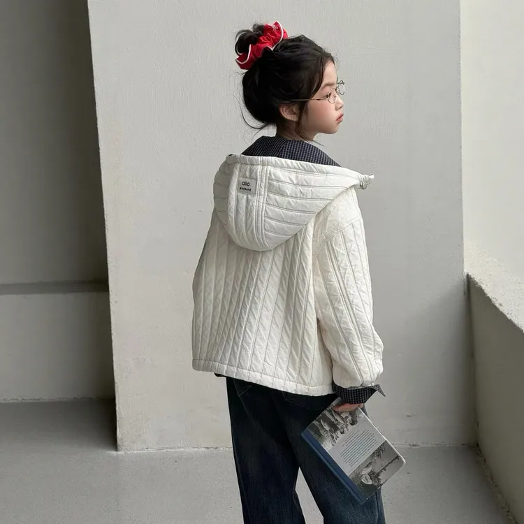 女童轻薄夹棉连帽外套2025秋冬款儿童中大童韩系薄棉格子保暖棉衣