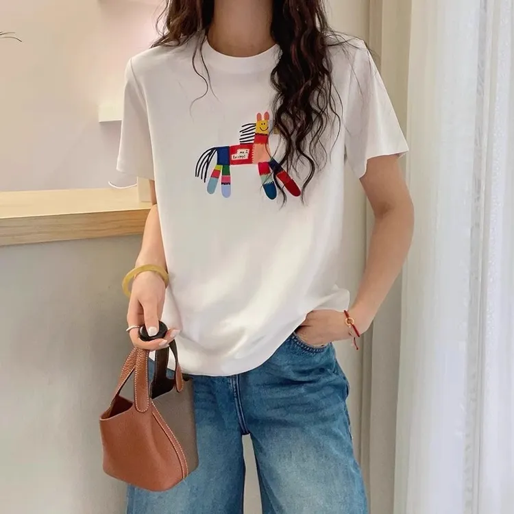 法式彩虹印花圆领正肩短袖t恤胖MM大码女装夏季遮肚显瘦上衣体恤