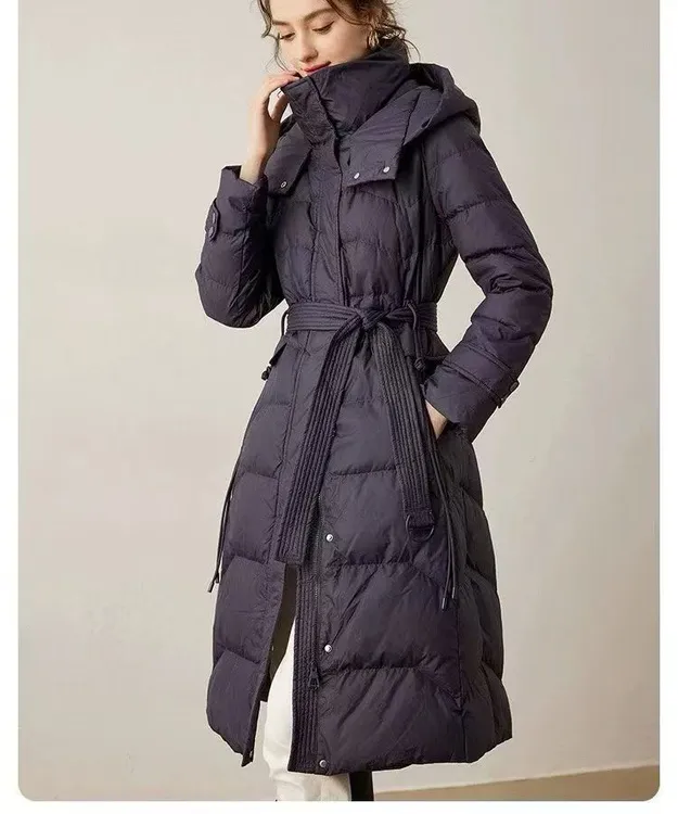 Y7101鸭绒连帽保暖显瘦过膝修身加厚时尚长款外套收腰羽绒服