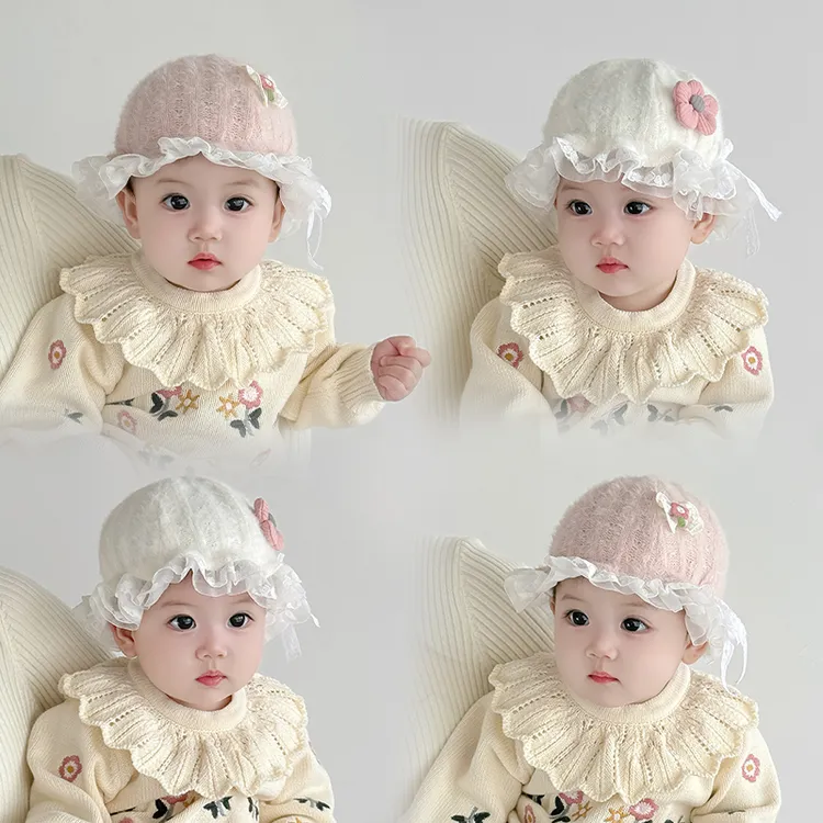 冬季毛绒公主风婴儿帽子新生儿圆顶女韩版加绒保暖针织宝宝胎帽