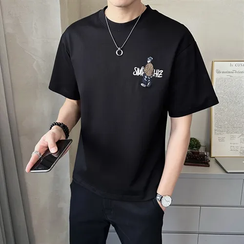 长袖T恤衫上衣半袖打底新款夏季男士短袖粉黑感潮牌刺绣男装