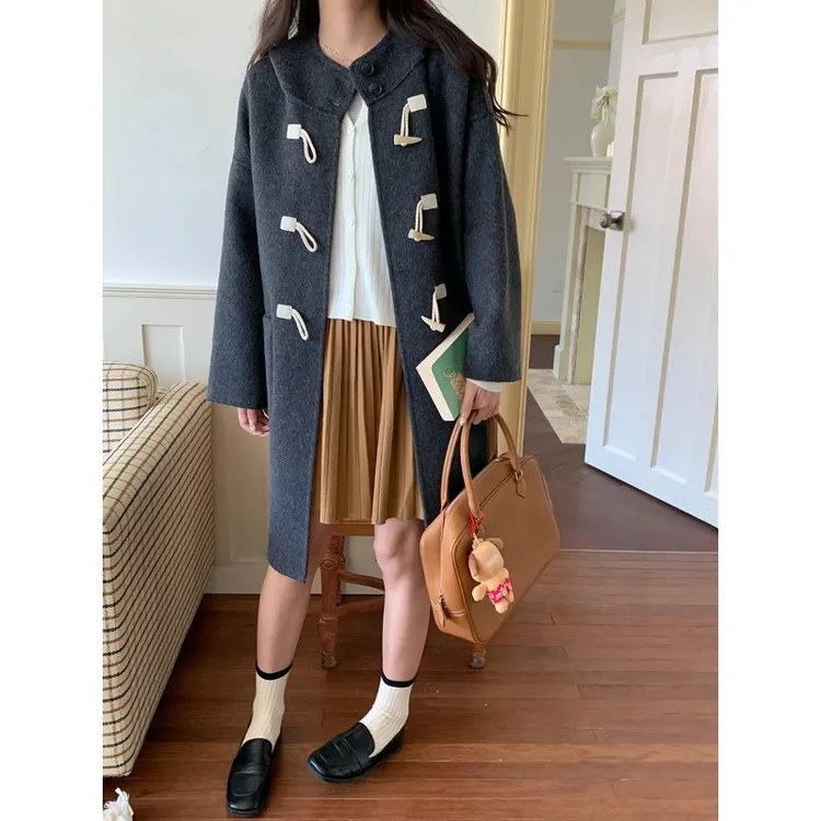 叶子的口袋 韩系学院风牛角扣蚕丝羊毛双面呢连帽大衣ZY2019