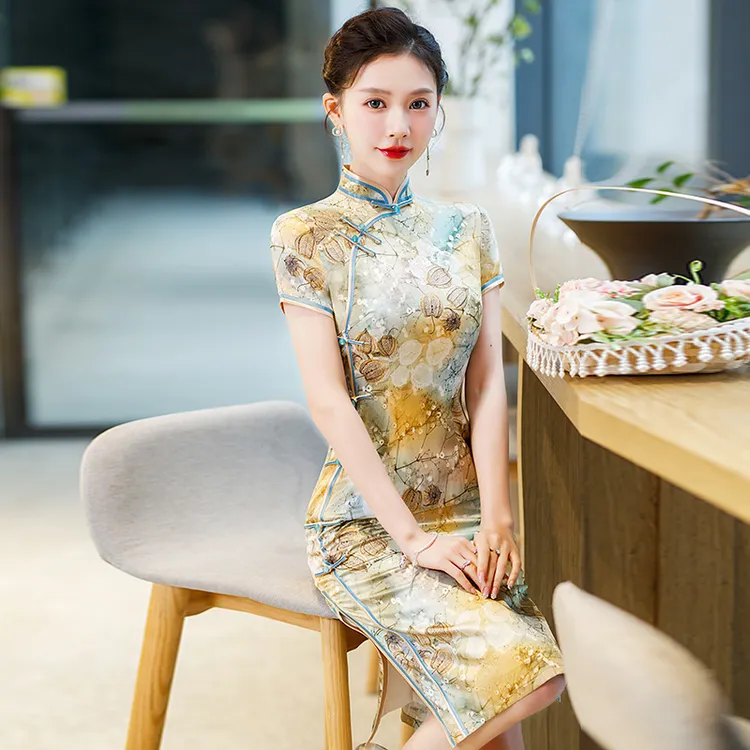 高档年轻小个子新中式礼服夏季新款真丝旗袍桑蚕丝连衣裙日常可穿