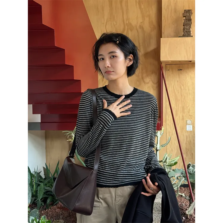 LANGQING 宽松条纹内搭打底衫新款女秋羊毛圆领长袖T恤上衣45916#