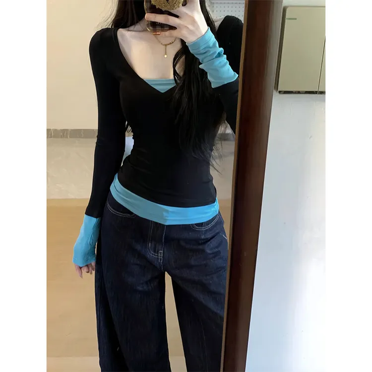 美式辣妹假两件长袖T恤女2025年新款收腰修身撞色拼接打底衫上衣