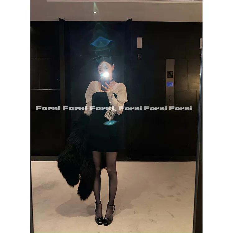 FORNI 赫本遐想 网纱抽褶拼接连衣裙&上衣不规则褶皱抹胸纱袖
