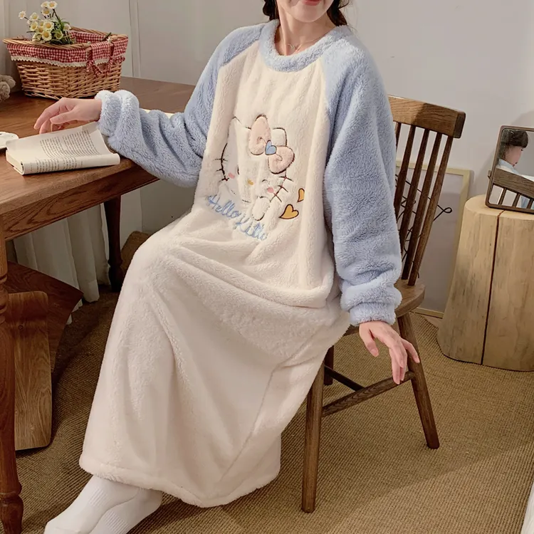 冬季大码厚款女睡裙长袖保暖卡通动漫孕妇胖MM中长裙200斤连衣裙