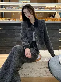 【纪朵研】8133 时尚套装短外套秋季休闲新款西装阔腿裤两件套女
