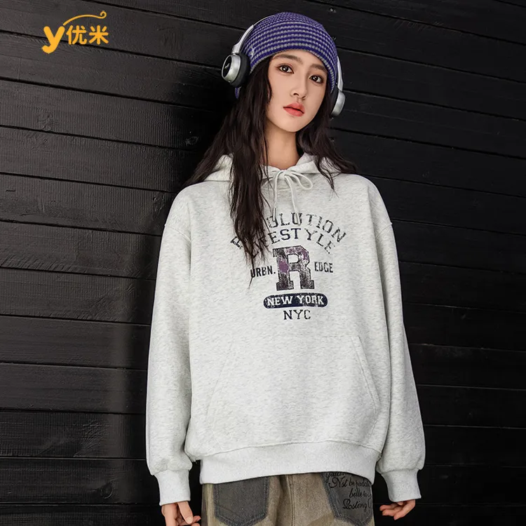 【青少年款】连帽印花加绒大童宽松卫衣加绒套头连帽上衣卫衣2616