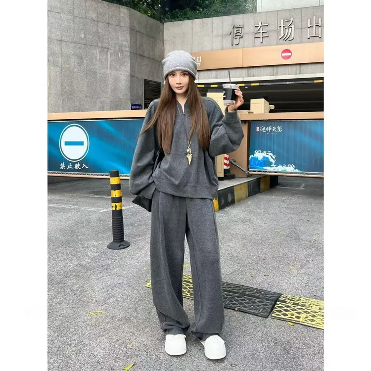 老钱风少女风休闲风时尚套装休闲秋冬灰色秋季阔腿裤春秋显瘦运动