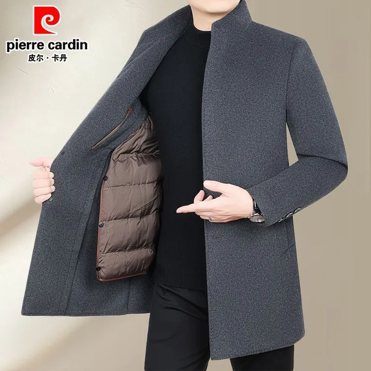 皮尔卡丹双面羊毛立领呢大衣脱卸外套加厚羽戎内胆男士中长款风衣