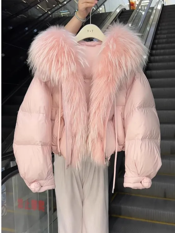 2025新款粉色毛领短款棉服女韩版冬季加厚保暖小个子棉衣棉袄外套