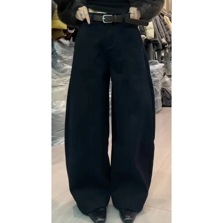 景倩妮黑色简约高级感弯刀休闲裤2025冬季新款加绒显瘦窄版阔腿裤