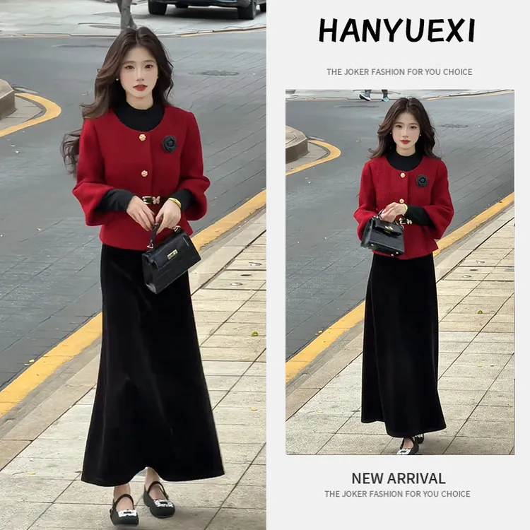 秋冬超火一整套女装2025新款小香风显白外套打底衫半身裙三件套潮