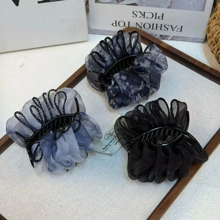 高定黑纱星芒缀饰奢华抓夹丸子头发夹造型配饰