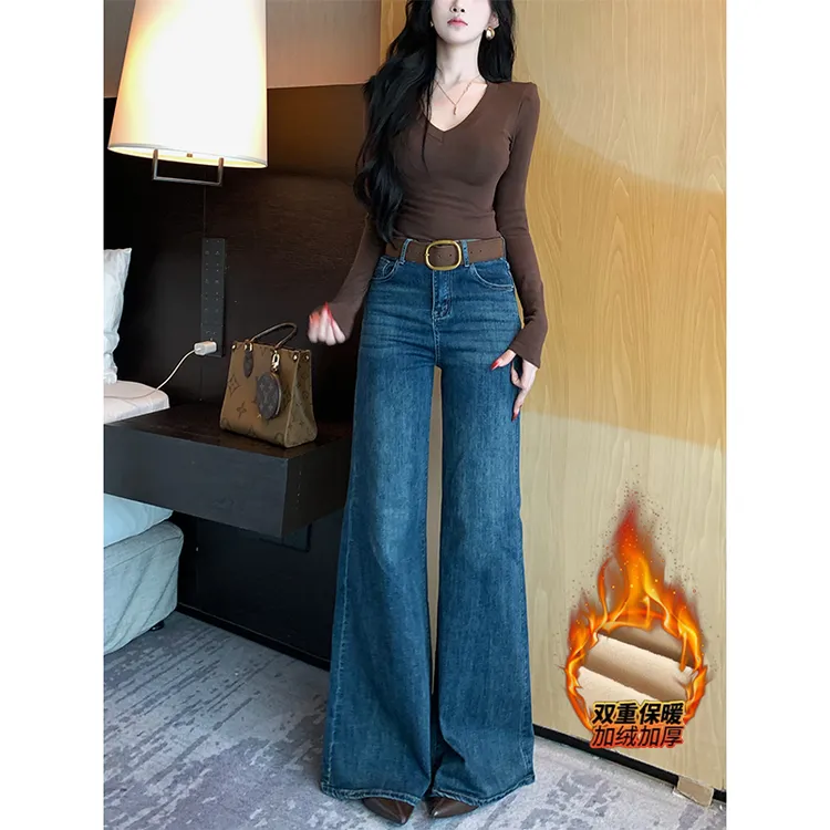 加绒不贴腿喇叭牛仔裤女2025冬季新款轻熟风高腰宽松显瘦百搭长裤