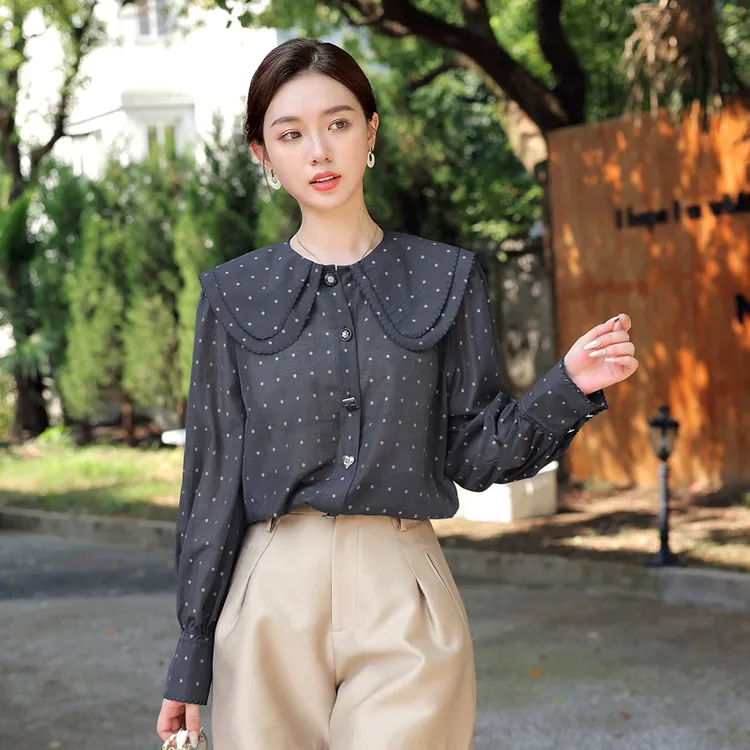 经典波点娃娃领刺绣长袖衬衫女2025春秋新款洋气甜美衬衣上衣