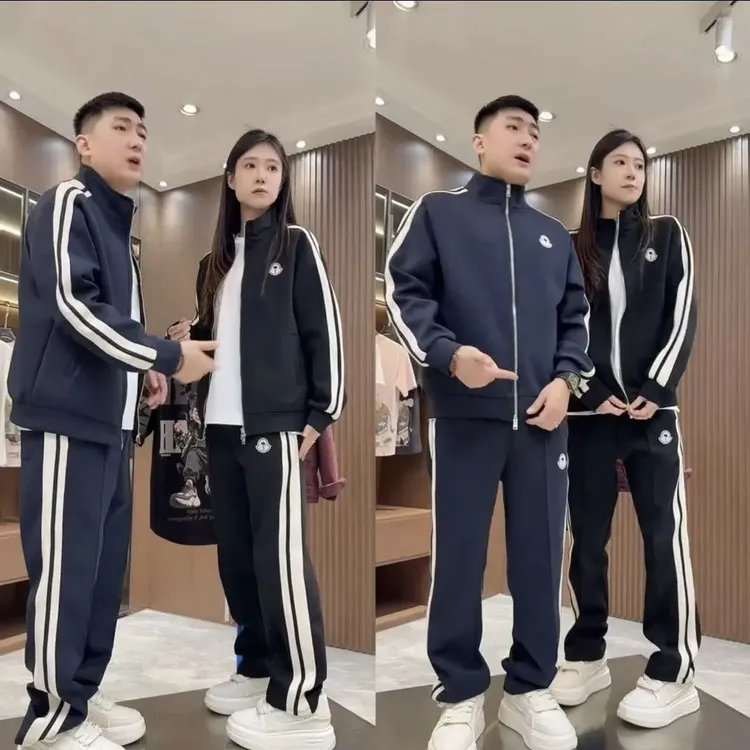 2025春季新款男士条纹织带拼接休闲百搭运动套装青年帅气外套裤子