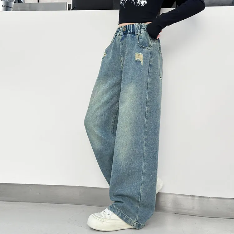 女孩牛仔裤2025春秋季新款洋气时髦休闲百搭阔腿裤破洞直筒裤