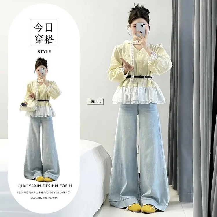 2025超火穿搭一整套法式荷叶边蕾丝拼接V领衬衫高腰阔腿裤两件套