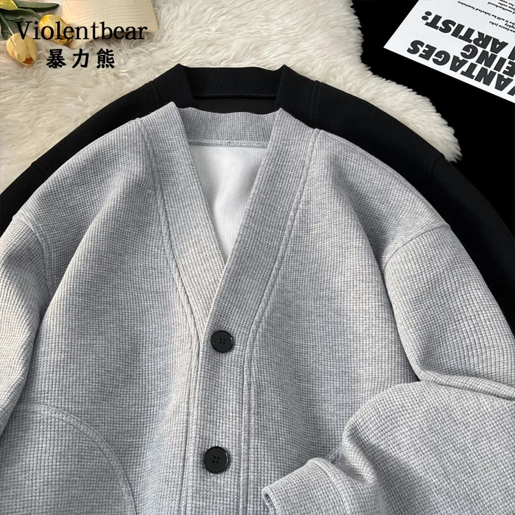 暴力熊开衫款纯色耐磨港风男春秋卫衣日系华夫格宽松百搭休闲外套